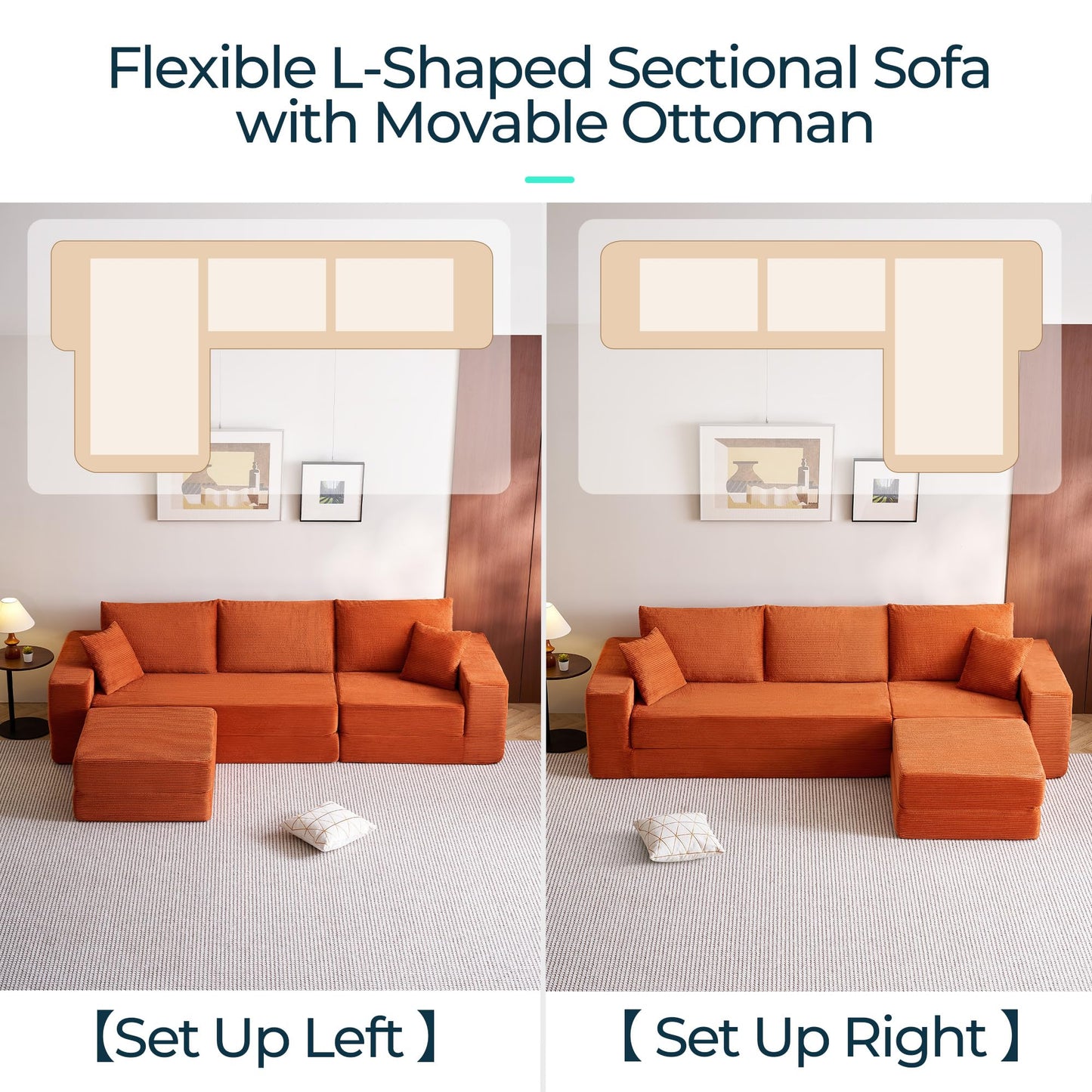 LINSY HOME Oversized Convertible Sofa Bed with 2 Pillows & Ottoman, Corduroy Boneless Couch Folding Modular Sleeper Sofa, L Shaped Couch Floor Sofa for Living Room Apartment, Upgrade Backrest (Orange)