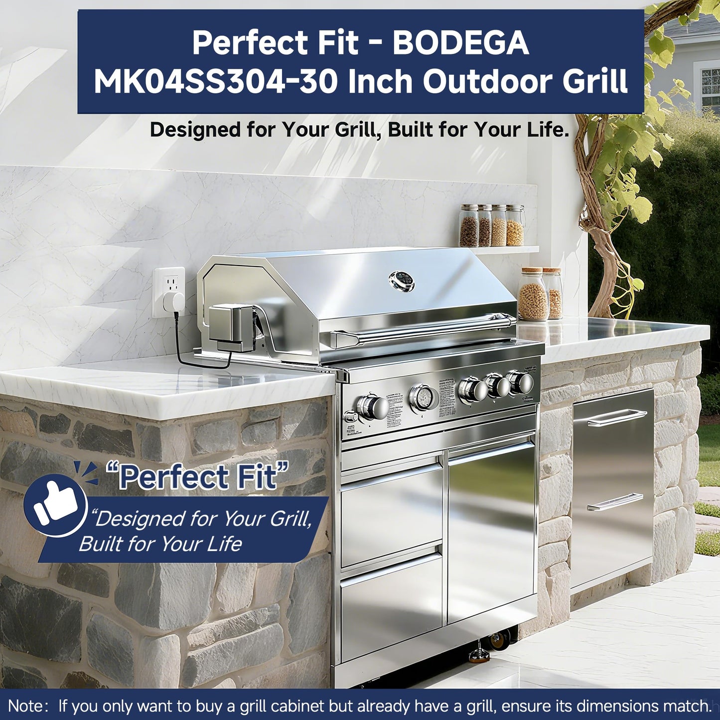 BODEGA Outdoor Stainless-Steel Kitchen Drawers Cabinet For Built-in BBQ Grill .Stainless-Steel outdoor kitchen grill cabinet with 2 Drawers and Propane Tank Storage,(Fits 30"-MK04SS304 Propane Grill).