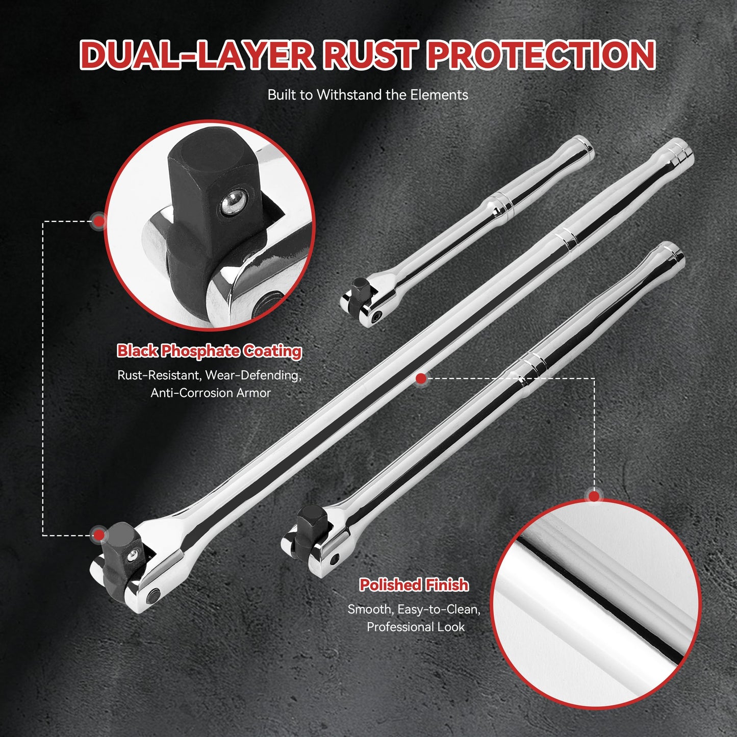 10 Piece Breaker Bar Set, 3/8" , 1/2" and 1/4" Drive, 180° Rotatable Head, 6'', 10'', 15'' Length, 3 Extension Bars, Organizer Case