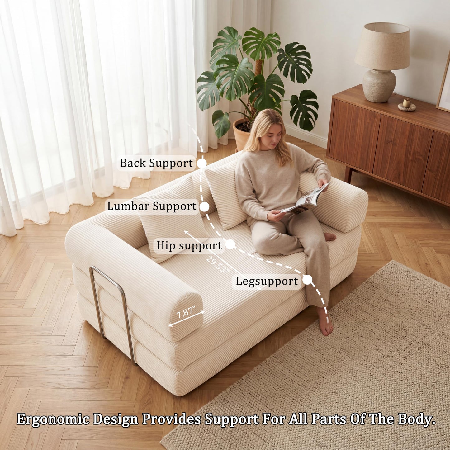 HouseMila 53.15" Boneless Couch,4-in-1 Futon Sofa Bed Modular Loveseat Sleeper Folding Compressed Couch with Pillows,No Assembly Required Convertible Sofa Bed for Living Room Bedroom Guest Room,Beige