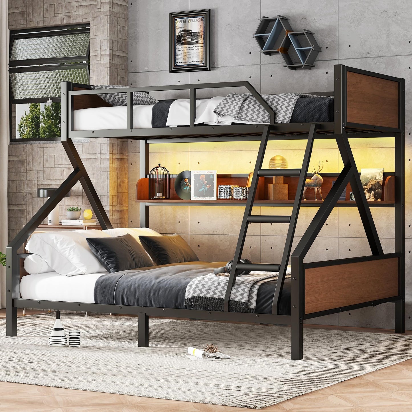 Bellemave Twin XL Over Queen Bunk Bed with Storage Shelf and RGB LED Lights, Adults Bunk Bed with Angle Padded Ladder, Heavy Duty Bunk Beds with Noise-Reducing Rubber Stoppers, Black