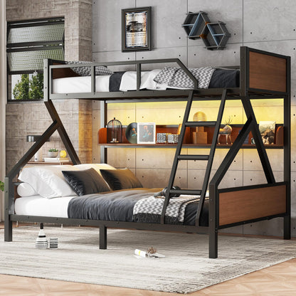 Bellemave Twin XL Over Queen Bunk Bed with Storage Shelf and RGB LED Lights, Adults Bunk Bed with Angle Padded Ladder, Heavy Duty Bunk Beds with Noise-Reducing Rubber Stoppers, Black
