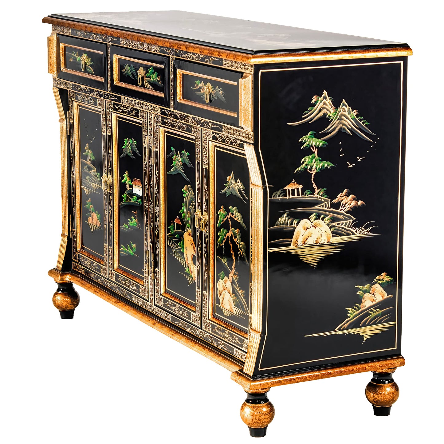 Red Lantern Artisan Crafted Black Lacquer Sideboard - Landscape