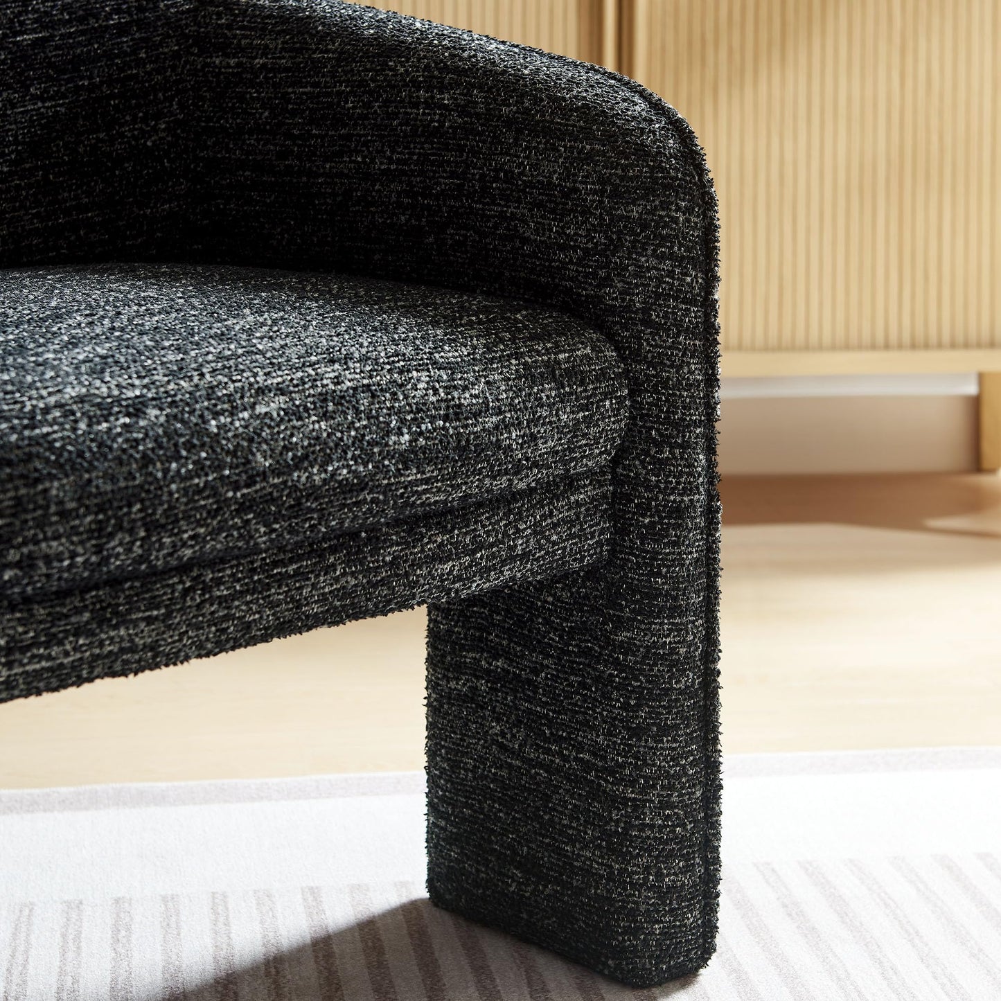 Modway Greer Comfy Barrel Accent Chair with 3 Legs in Charcoal Boucle Fabric – Cozy Round Reading Armchair – Mid Century Modern Upholstered Wide Barrel Dining Chair with Curved Back