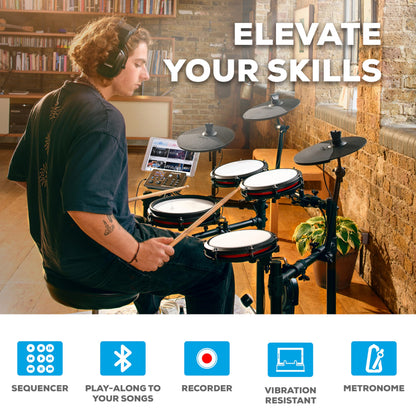 Alesis Nitro Max Kit Compact Electric Drum Kit with Quiet Mesh Pads, 10" Dual-Zone Snare, Bluetooth, 440+ BFD Sounds, Drumeo, USB MIDI, Kick Pedal