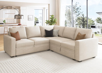 HONBAY Modular Sectional Sleeper Sofa with Pull Out Bed, L Shaped Couch with Storage Seat, Convertible Sectional Couches for Living Room, Beige