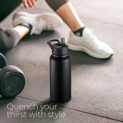 SipX™ 32 oz Insulated Water Bottle with 3 Lids – Leakproof Stainless Steel, Triple Insulated – Cold 24 Hours/Hot 12 Hours – Durable Bottle for School, Gym, Travel – Black