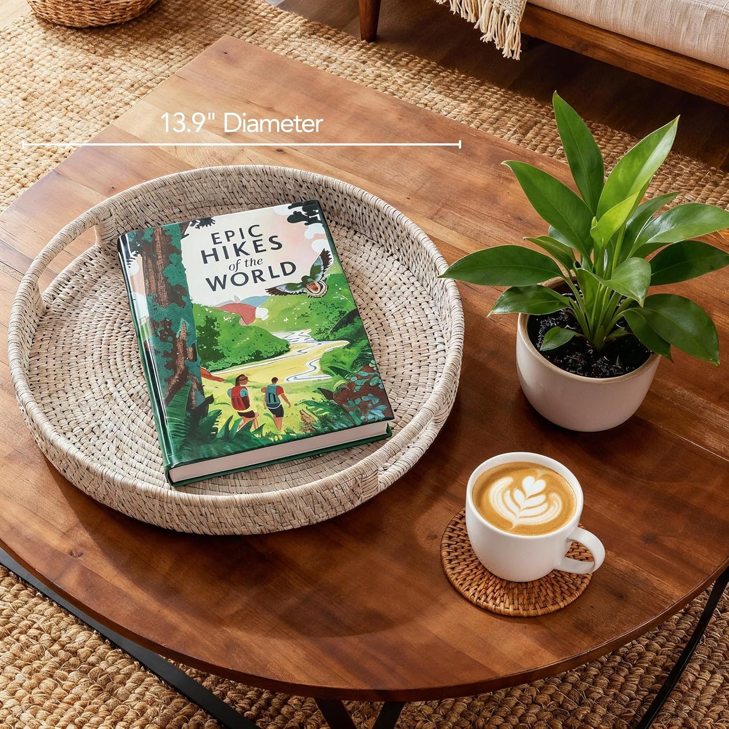14 Counter JUNGLE CULTURE Handmade Round Wicker Tray Whitewashed Large Decorative Rattan Serving Basket for Coffee