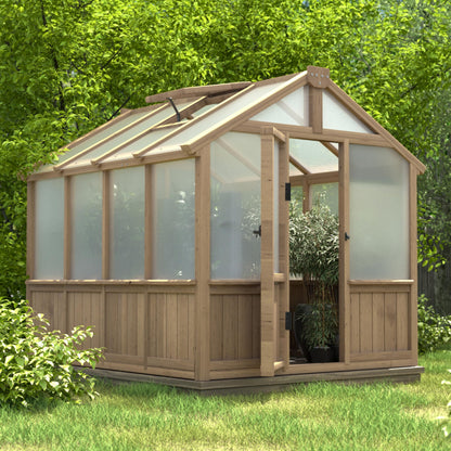 Yardenaler 6x8 FT Greenhouse Kit for Outdoor, 6MM Thick Polycarbonate Panel Wooden Walk-in Green House with Lockable Door and Adjustable Roof Vent, Backyard Garden, Light Mocha Brown