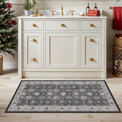Skiennix Vintage Washable Area Rug - Soft Non-Slip Door Mat | Water-Resistant Low Pile (2x3, Black)