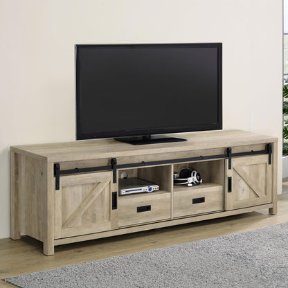 Coaster Home Furnishings - Madra - Engineered Wood - 79-Inch 2-Door TV Stand with Sliding Barn Doors, Open Shelves - Living Room - Distressed Pine - 736263