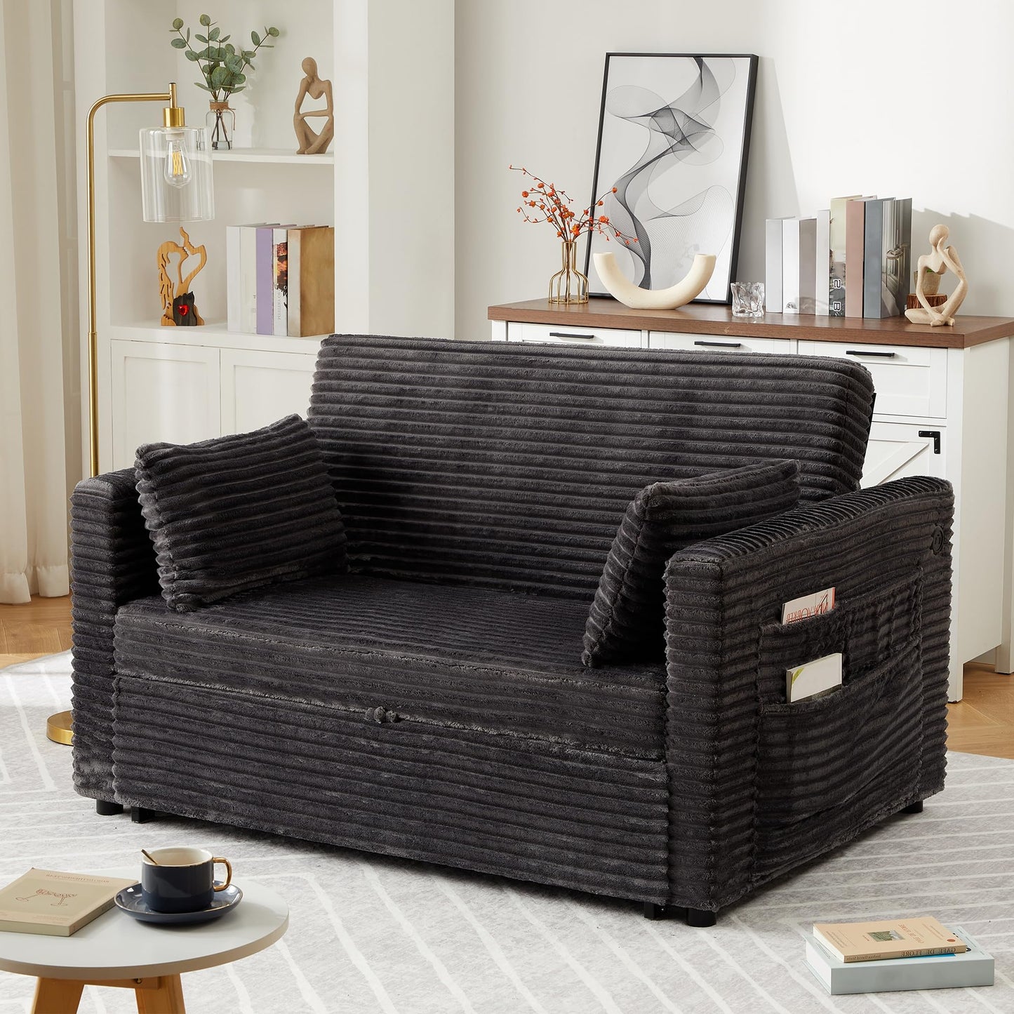 GarveeTech Loveseat Sleeper Sofa Bed, 55'' Pull Out Bed with Adjustable Backrest, Charging Station and Side Pockets, Corduroy Couches for Living Room, Bedroom and Apartment, Dark Grey