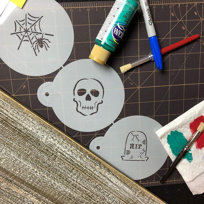 Designer Stencils Scary Halloween Cookie Stencil Set, (Spider Web, Skull, Gravestone)