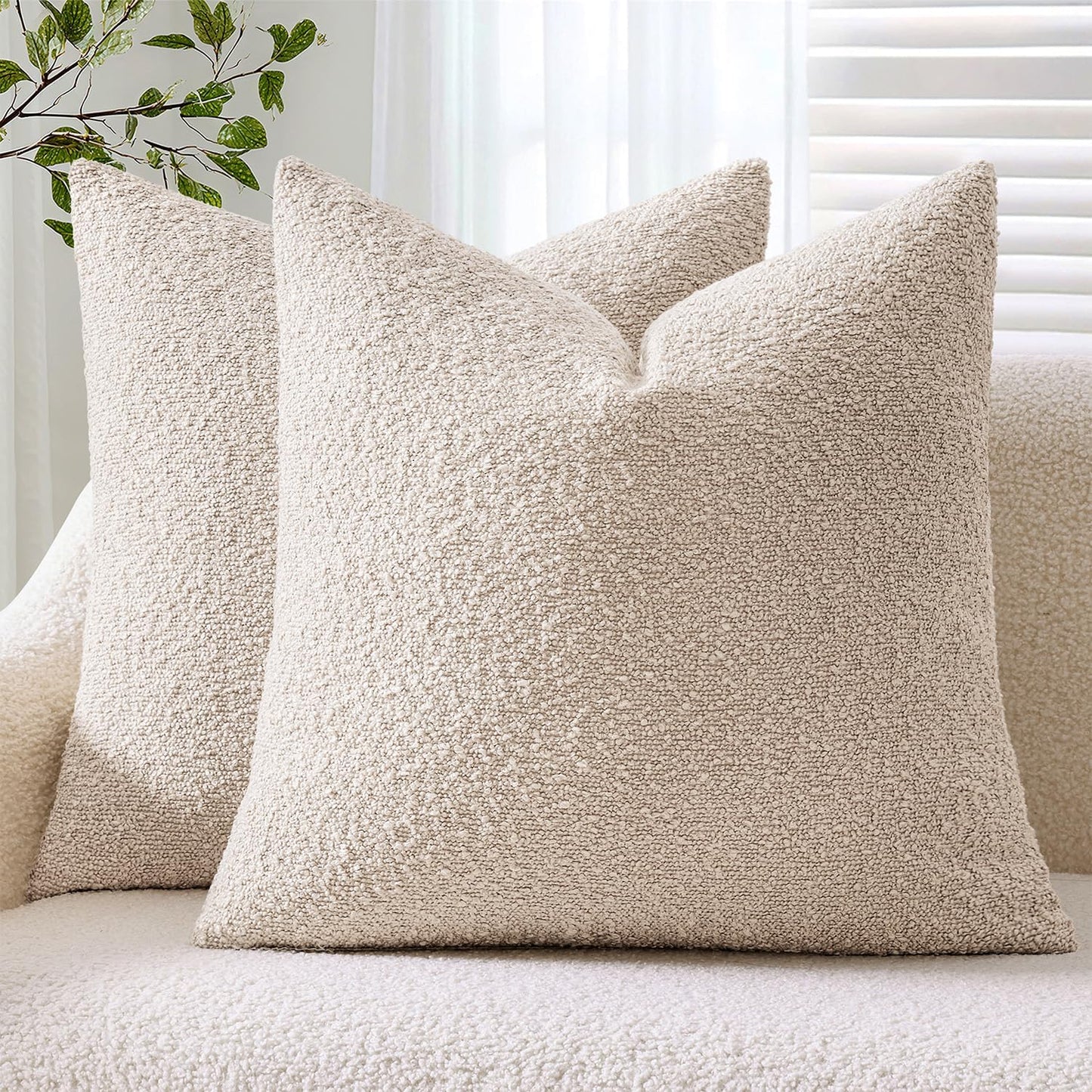 Pack 2 Cozy 24 24 Inch ANRODUO of Textured Boucle Throw Pillow Covers Soft Beige Euro Decorative Accent Solid Pillow