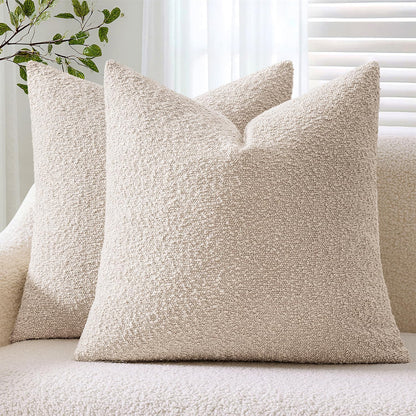 Pack 2 Cozy 22 22 Inch ANRODUO of Textured Boucle Throw Pillow Covers Soft Beige Euro Decorative Accent Solid Pillow