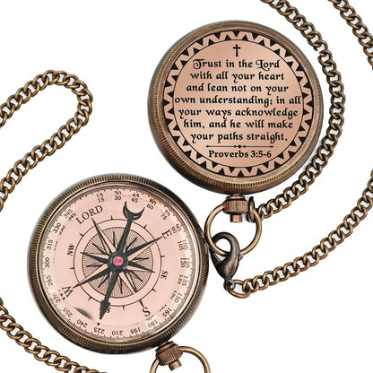 Trust in The Lord - Proverbs 3:5-6 Engraved Brass Pocket Compass, Communion Confirmation Gift, Baptism Gifts for Teen Boys, Best Christian Gifts for Men Kids, Religious God's Compass Easter Christmas