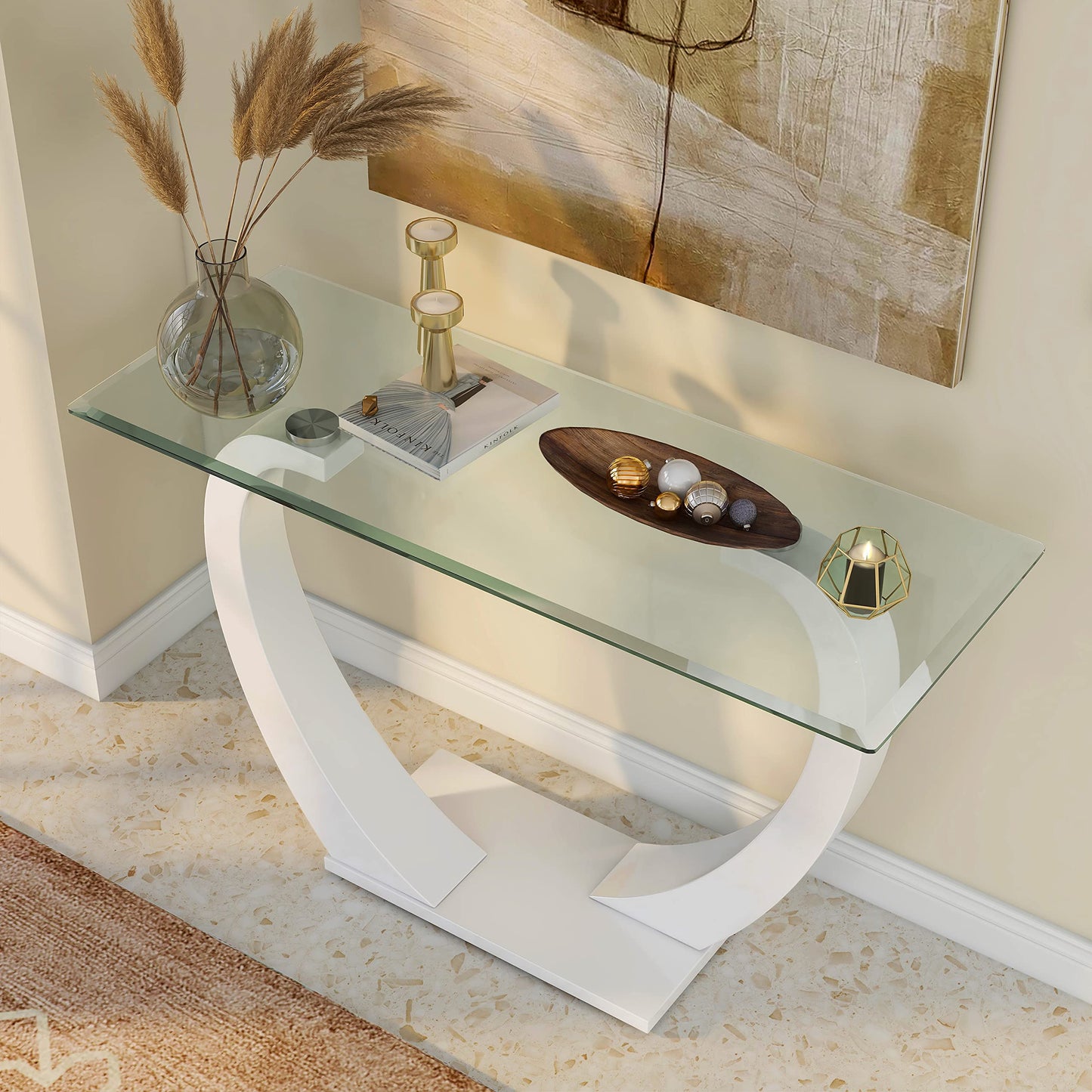 Furniture of America Augie Modern Rectangle Tempered Glass Top 48 in. Sofa Table for Display, Decorate Living Room, Hallway, Bedroom, Dressing Room, White