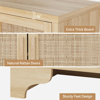 GarveeHome 4-Door Sideboard Buffet Cabinet, Natural Rattan Storage Cabinet, Boho Entryway Console Table, Coffee Bar Station for Dinning Room, Living Room, Kitchen