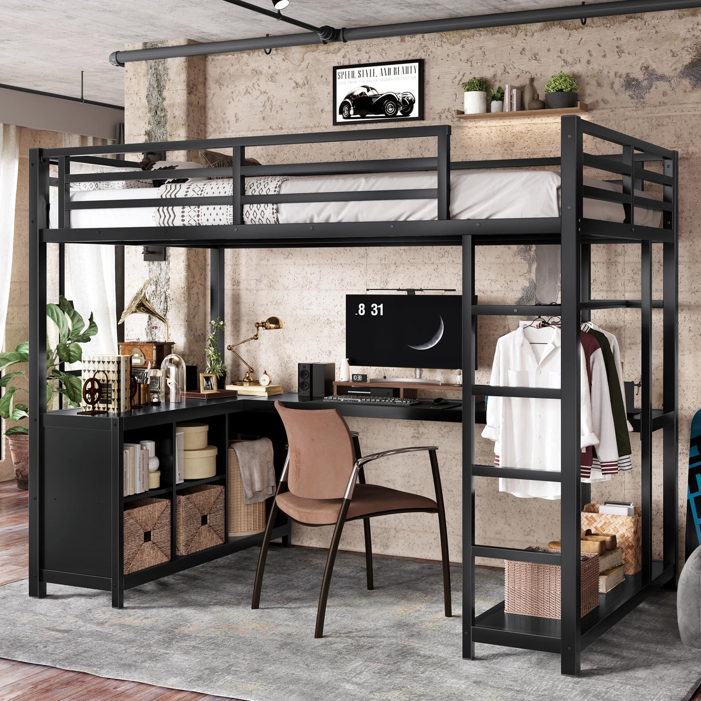 KEIKI Twin XL Metal Loft Bed with L-Shaped Desk and Wardrobe, Heavy Duty Loft Bed Frame with Storage Shelves & Cubes, Space Saving Loft Bed for Kids Teens Adults, Noise Free, Easy Assembly, Black