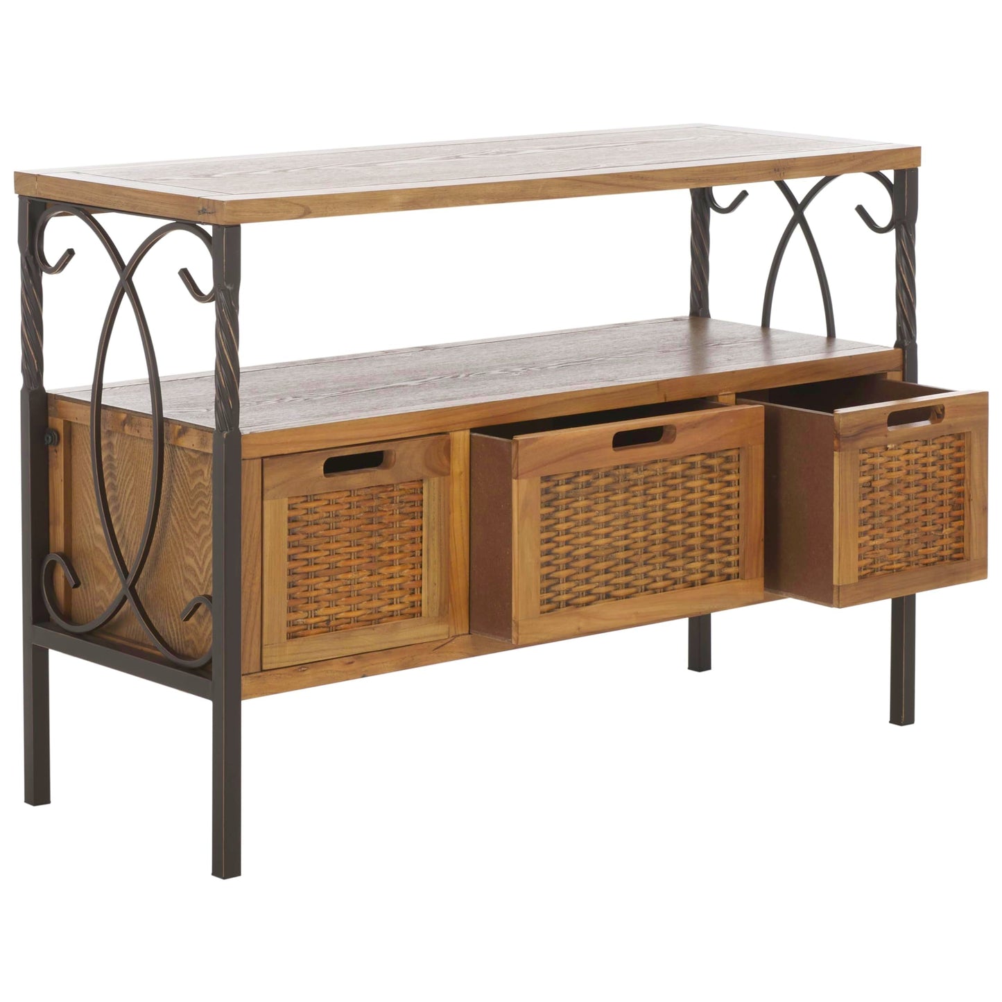 SAFAVIEH Home Collection – Joshua Oak Brown 3-Drawer Console Table with Shelf, Wicker Front Storage Drawers, Farmhouse-Inspired Accent Console for Entryway or Living Room (AMH6532C)