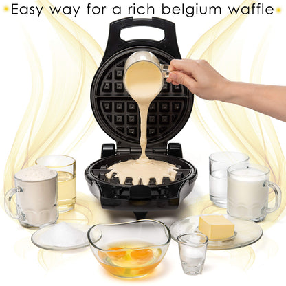 Moss & Stone Belgian Waffle Maker, Electric Flip Waffle Machine with Adjustable Temperature Control, Non-Stick Grids for Smooth Release, Compact 8-Inch Round Waffle Maker, Black