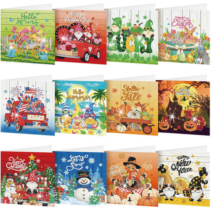 Saillong 12 Pack Holiday Diamond Painting Greeting Card Kit Seasonal Diamond Art Cards with Envelopes Summer Patriotic 5D Rhinestones Painting Making Kit for Adult DIY Craft Family Friend Holiday Gift