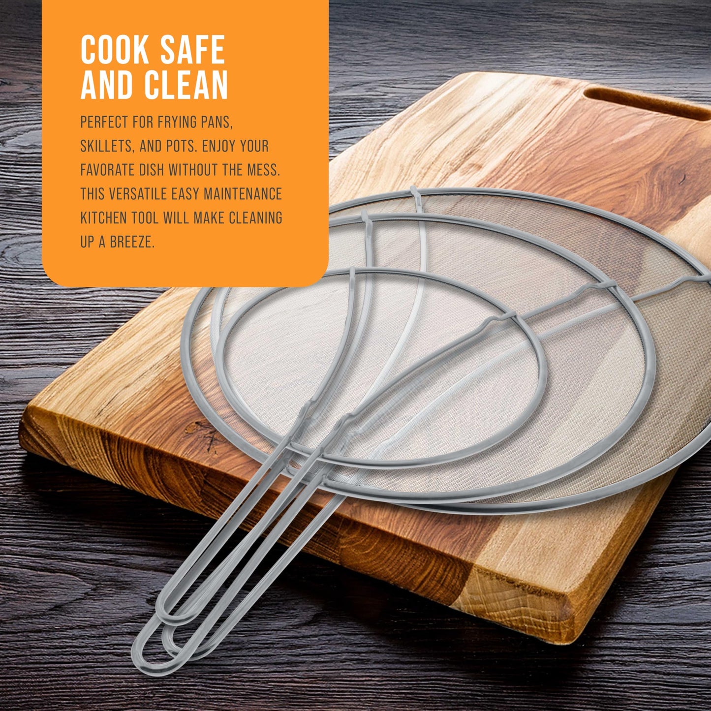 U.S. Kitchen Supply Set of 3 Stainless Steel Splatter Screen - 13", 11.5" & 9.5" Sizes - Fine Mesh Splatter Screen with Resting Feet Set, Grease Guard for Kitchen Pots and Pans