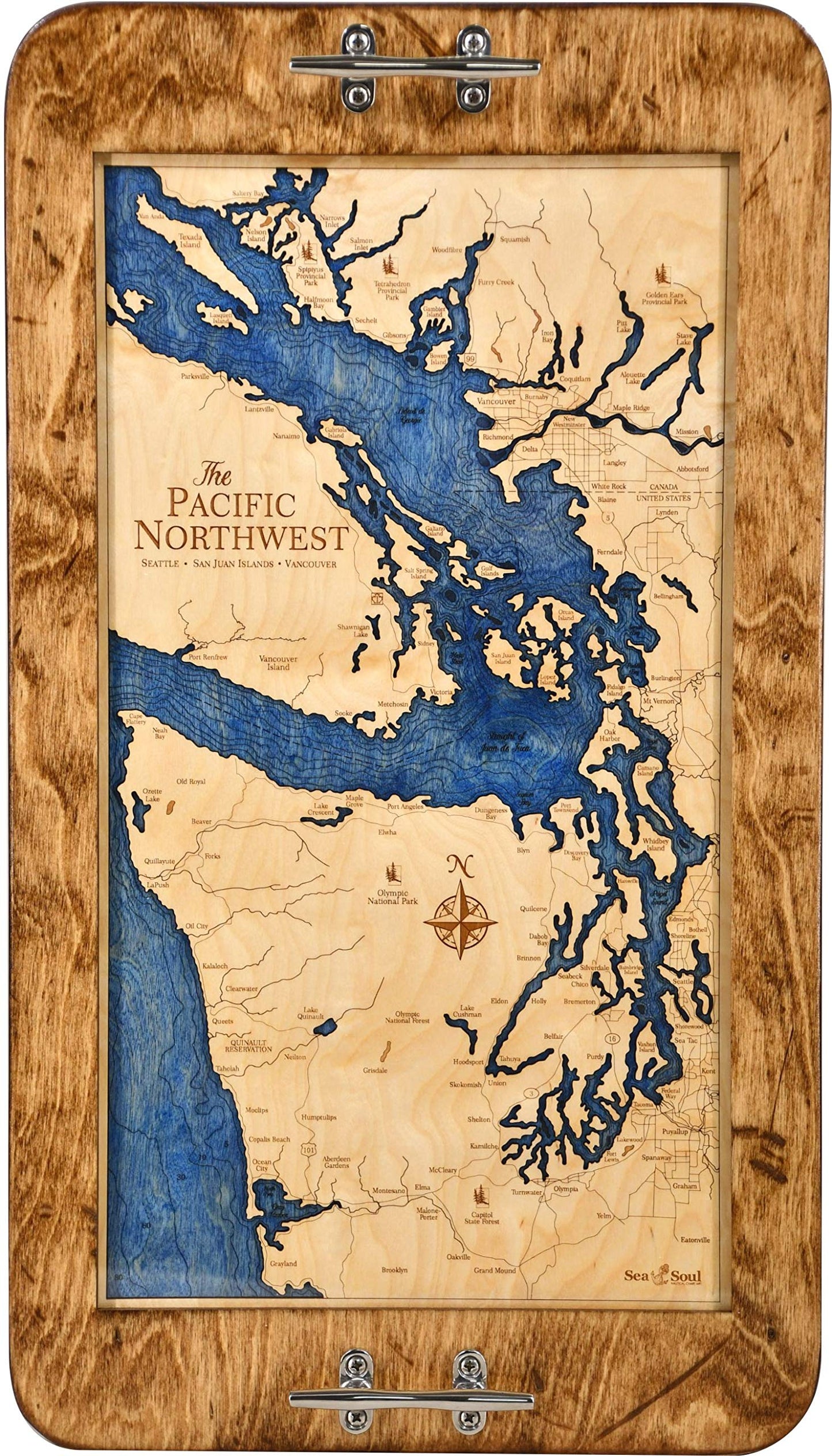 Sea & Soul Pacific Northwest Nautical Chart Art Serving Tray, Made in the USA, 3-D Nautical Wood Chart, 3D Wood Maps, Lake Art, Nautical Gift, 13.5"x 24" Serving Platter (Distressed Coffee/Deep Blue)
