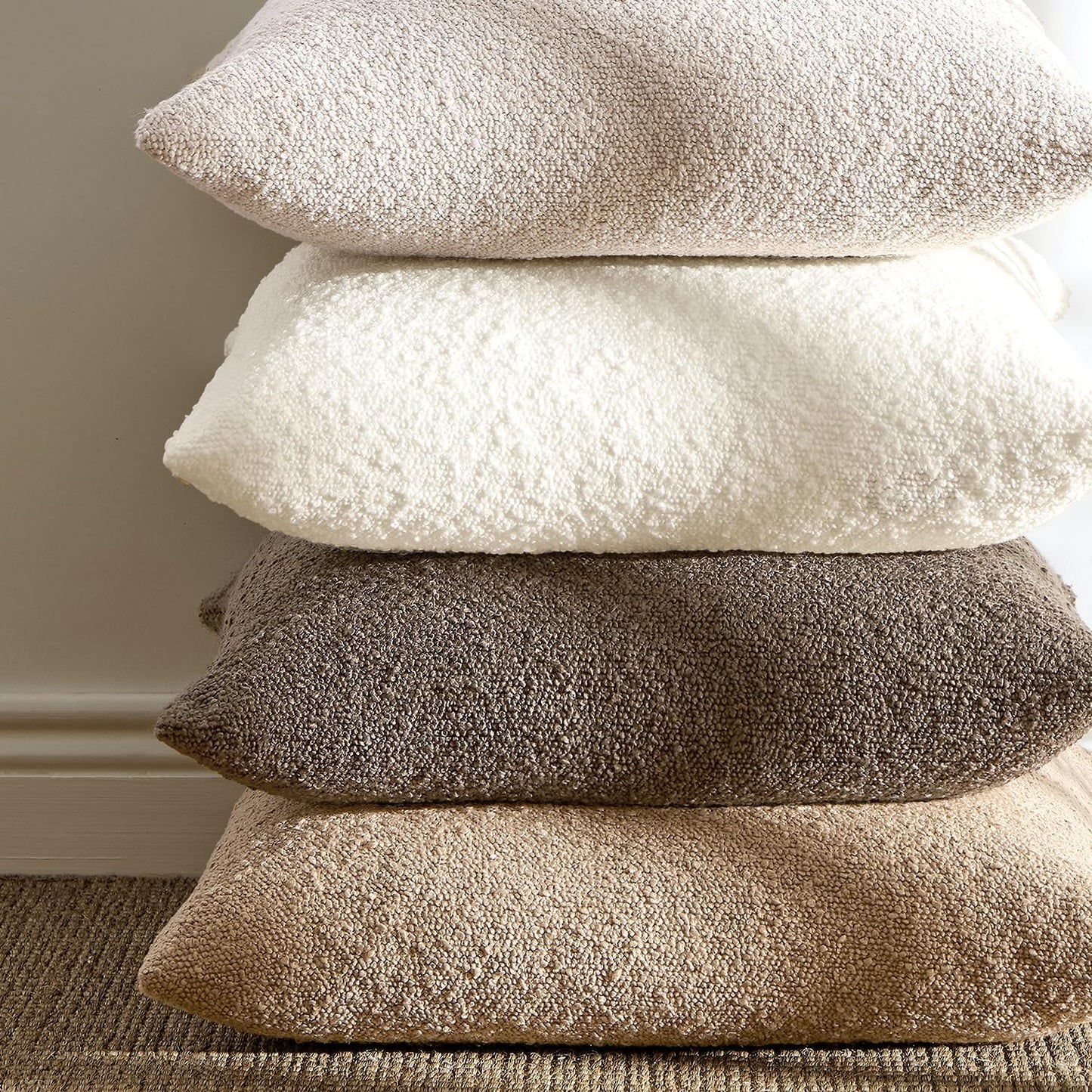 Pack 2 Cozy 24 24 Inch ANRODUO of Textured Boucle Throw Pillow Covers Soft Beige Euro Decorative Accent Solid Pillow