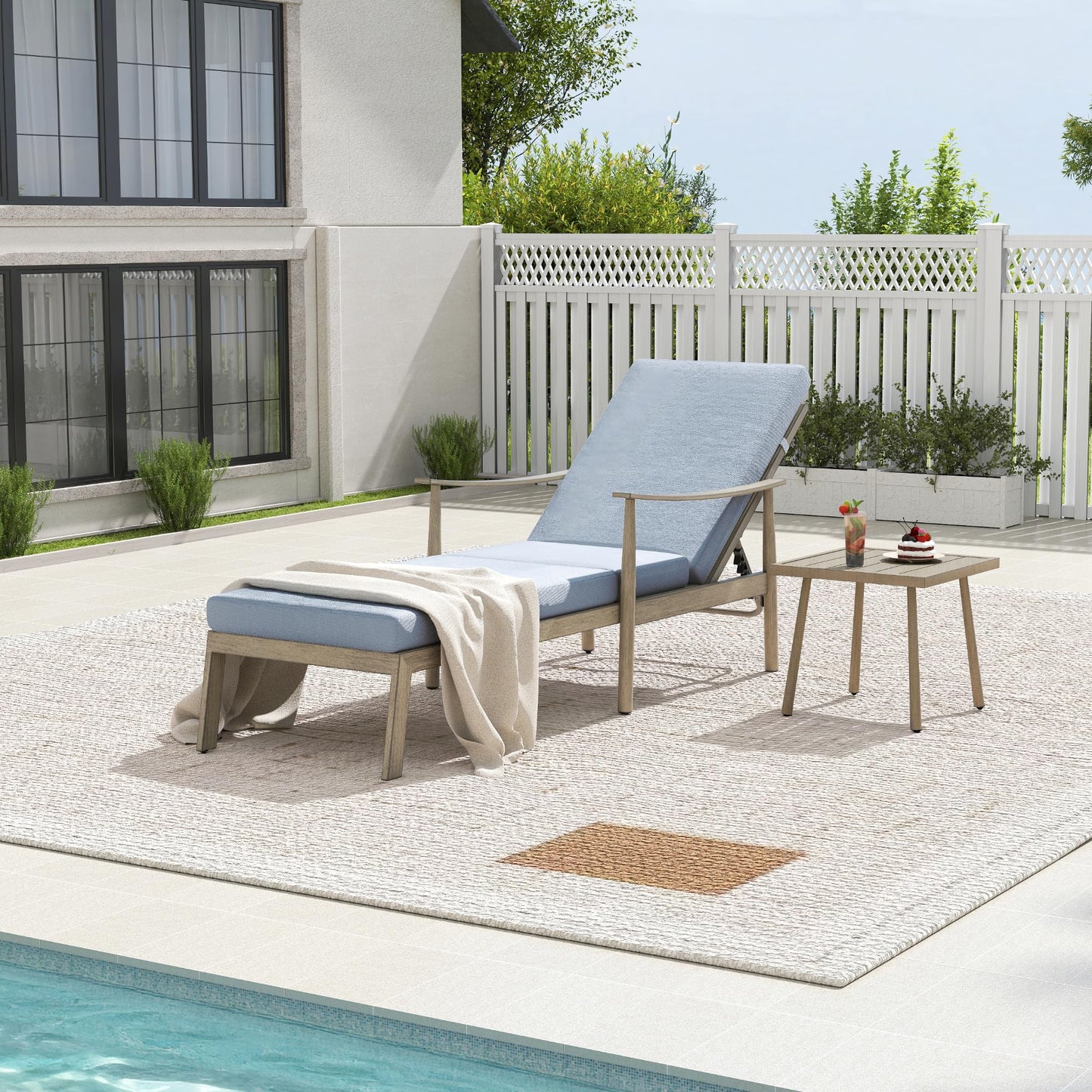 HAPPATIO Outdoor Chaise Lounge Set of 2, Aluminum Pool Lounge Chair with Adjustable Backrest, Cushion, Curved Armrest, and Side Table, Outdoor Lounge Chair for Beach, Yard, or Poolside (Brown)