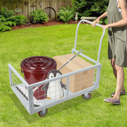 Platform Truck Cart, 4-in-1 Heavy Duty Flatbed Dolly with Detachable Wire Cage, Folding Utility Push Cart with 360° Swivel Casters, Steel Rolling Trolley for Warehouse Garage Transport Moving