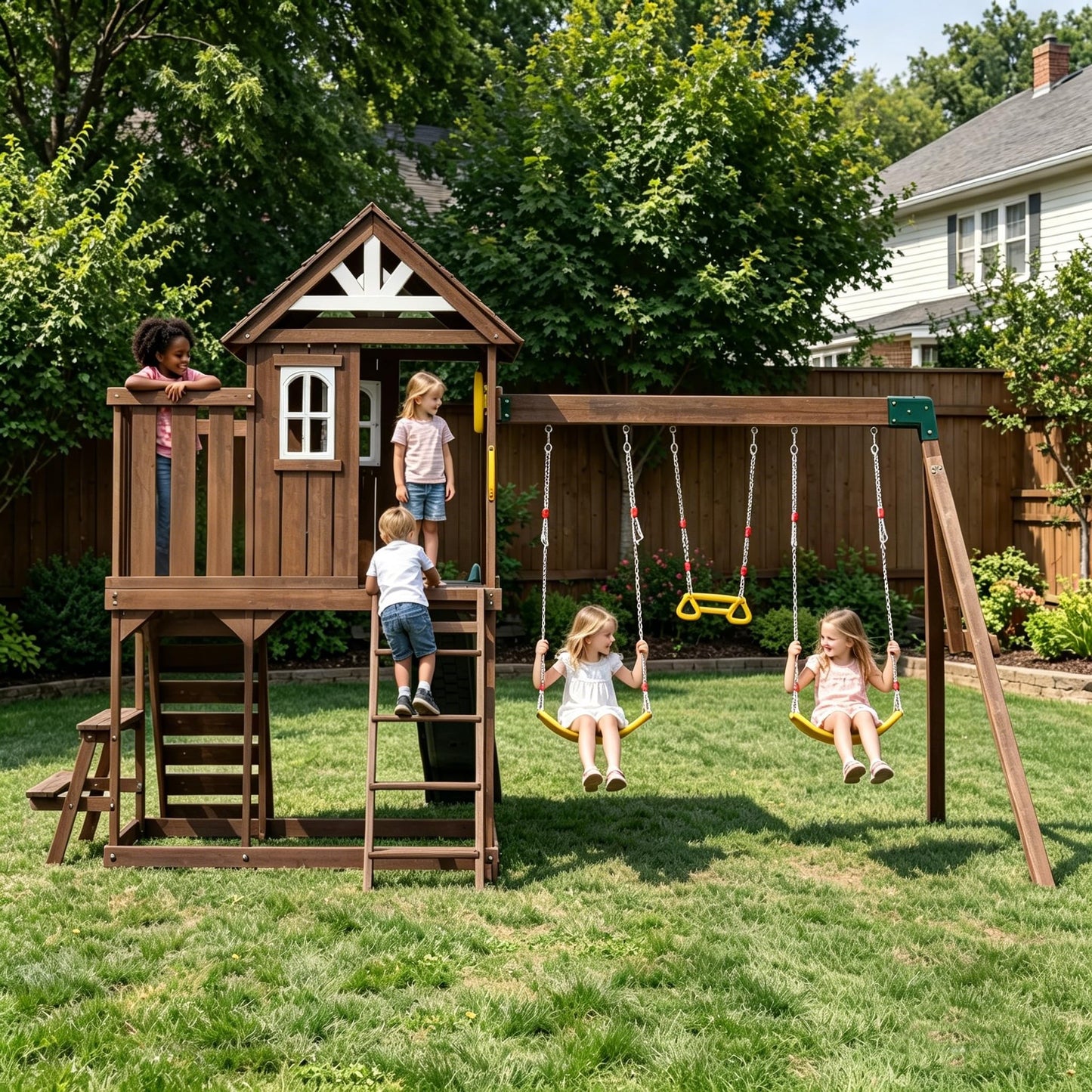 Wooden Swing Set with 2 Swings, Wave Slide, Play Deck, Climbing Wall & Trapeze Rings - Outdoor Backyard Playset for Kids - Heavy Duty Wooden Jungle Gym
