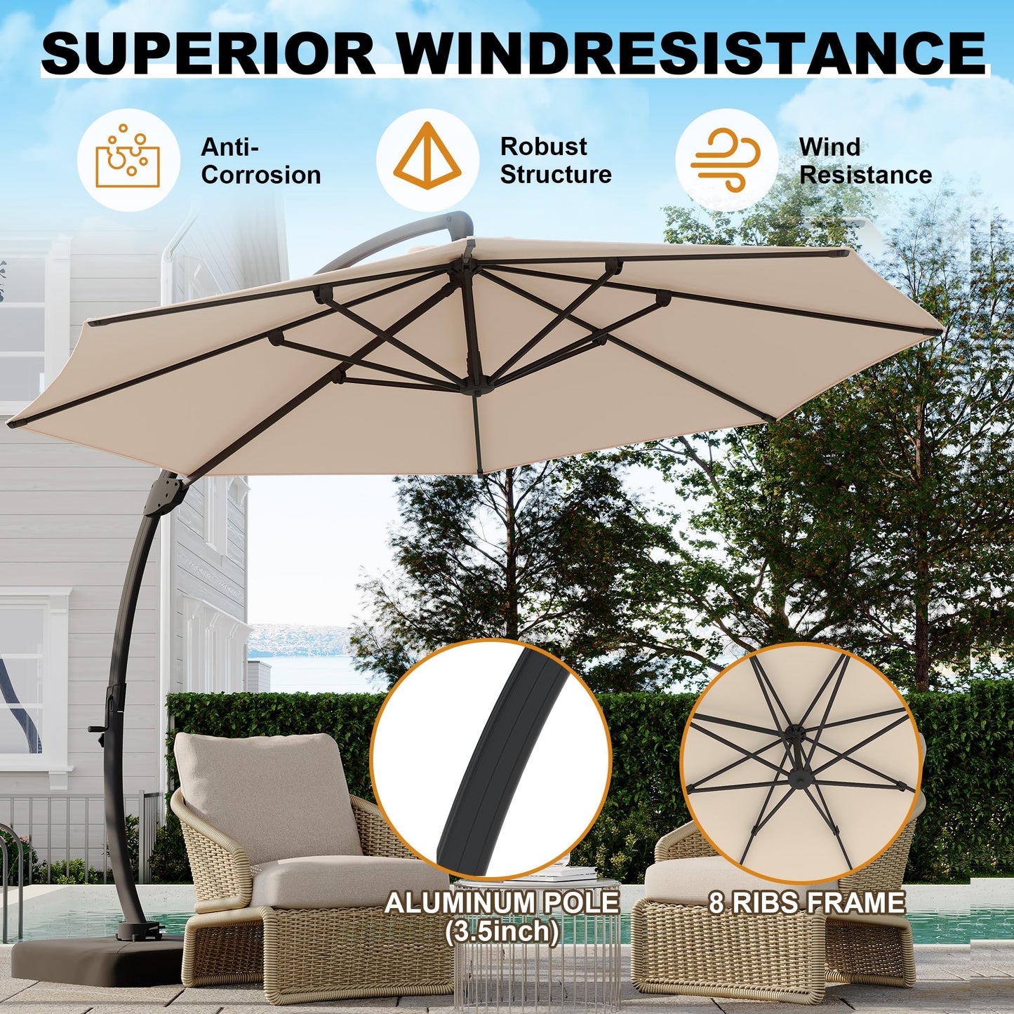 GarveeLife 11FT Cantilever Patio Umbrella With Base Included, Cantilevers Outdoor Umbrella Heavy Duty Offset, Aluminium Curved Cantilever Umbrella