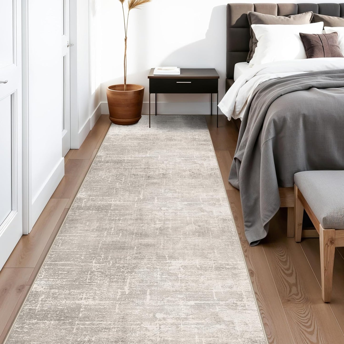 **Regine Switzerland Washable Runner Rug - Stain Resistant Abstract Design | 2'6"x14" Beige/Cream Soft Indoor Mat**