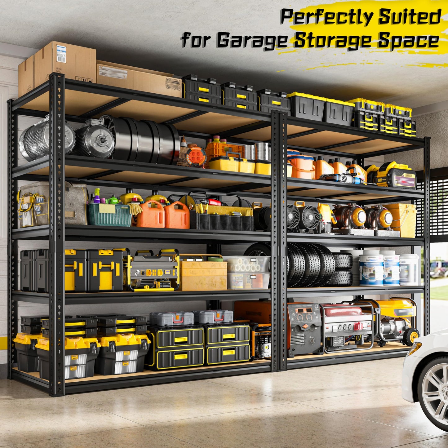 48" W Garage Shelving Heavy Duty 3080LBS Garage Storage Shelving, 5 Tier Adjustable Metal Shelving Unit Utility Rack Shelf for Warehouse, Pantry, Closet, Kitchen 72" H x 48" W x 24" D, Black,2PCS