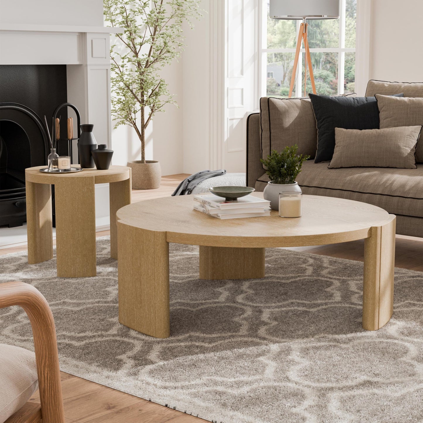Furniture of America Carys Modern Solid Wood 2-Piece Coffee Table and End Table Set with Plinth Base, Living Room Furniture for Small Space, Home Office, Oak