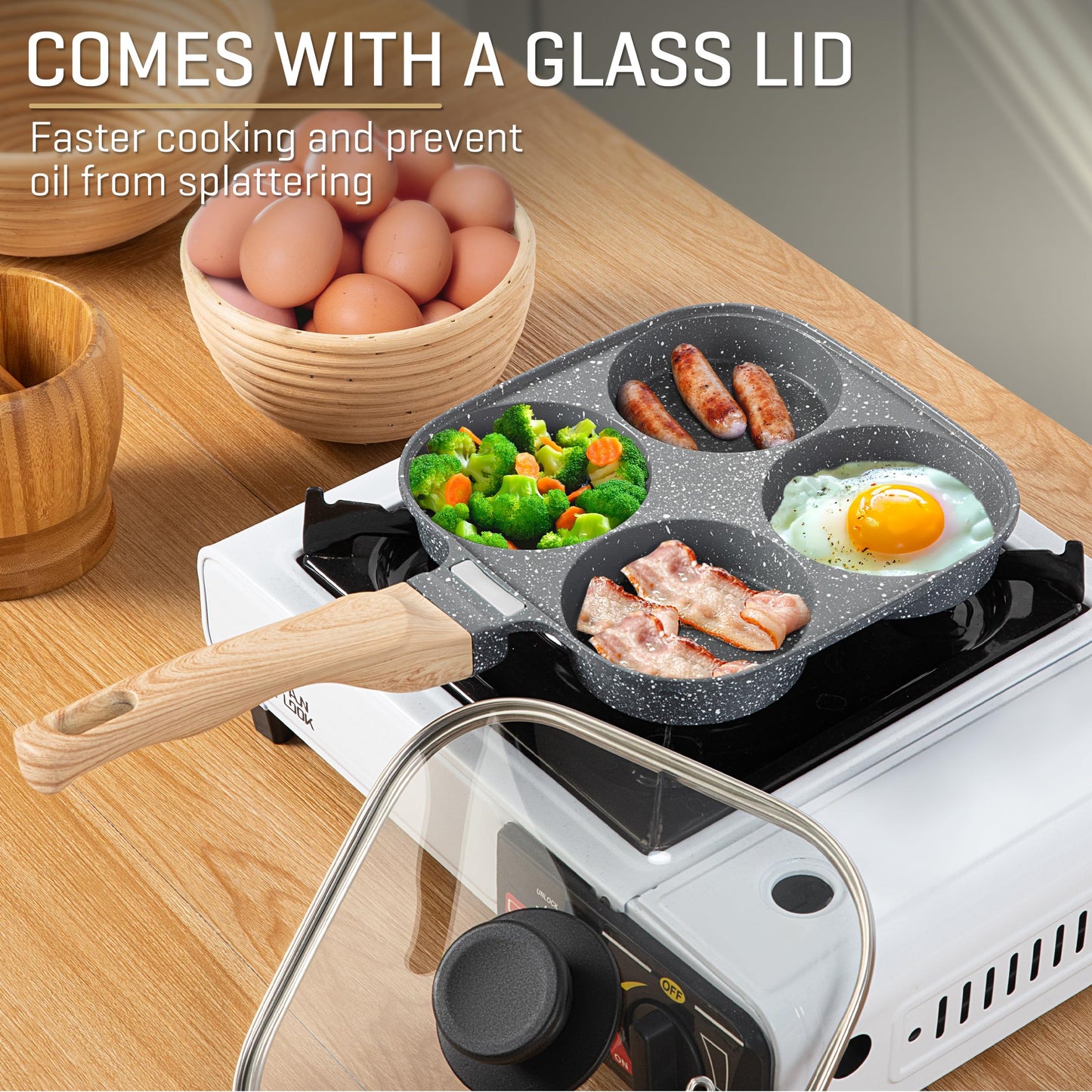MyLifeUNIT Egg Pan, 4-Cup Egg Frying Pan with Lid, Nonstick Aluminium Alloy Egg Cooker for Breakfast, Pancake, Burger, Sandwiches, Suitable for Gas Stove & Induction Cookware