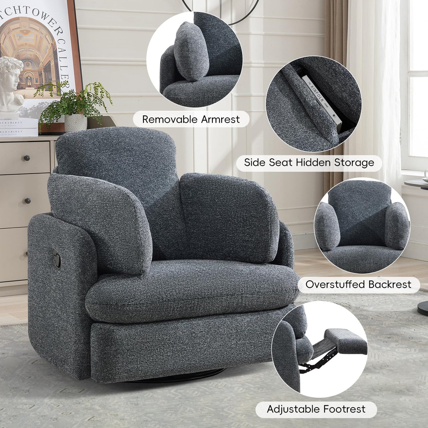 Bonzy Home Manual Recliner Chair Set of 2, 360°Swivel Rocker Recliner Chair for Adults, Overstuffed Nursery Rocking Reclining Sofa with 2 Pillows and Hidden Storage, Dark Grey