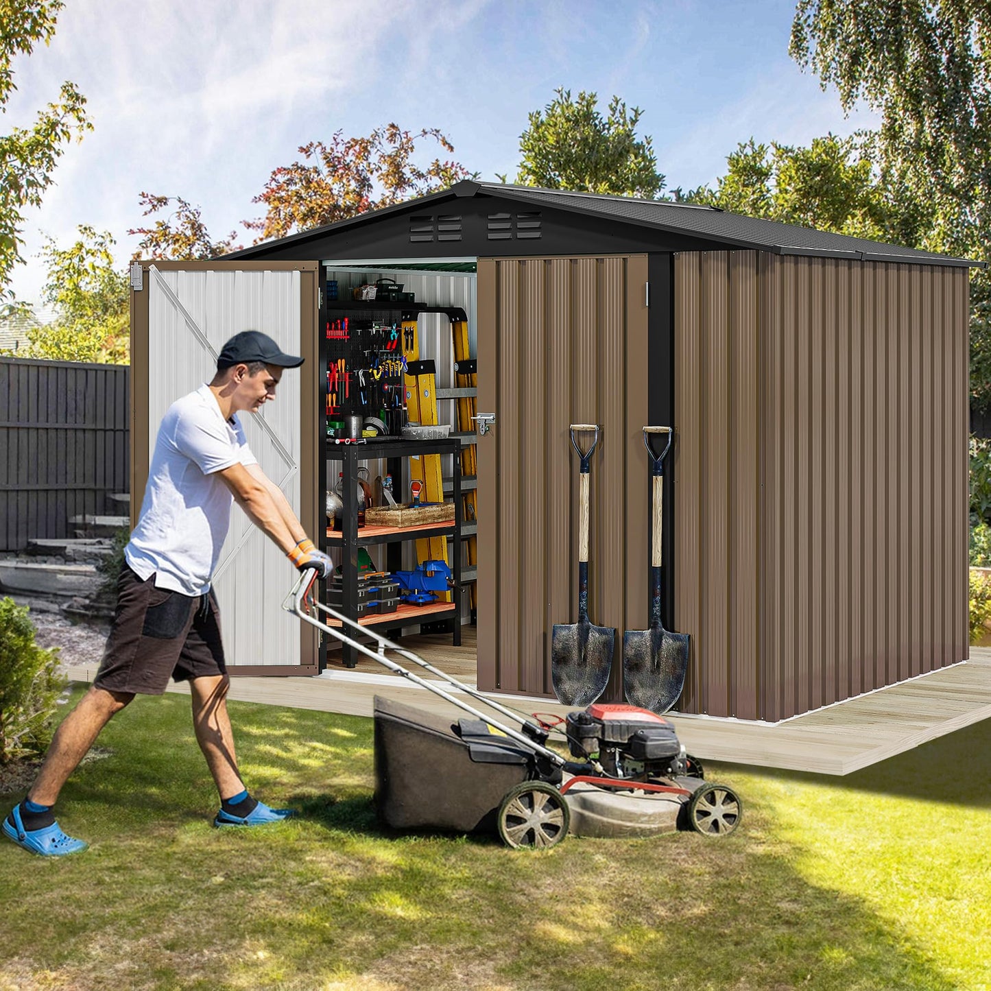 DWVO 8'x6' Large Metal Outdoor Storage Shed, Heavy Duty Tool Storage Sheds for Backyard Patio Lawn - Ideal for Bicycles, Garden Tools, and Lawn Equipment, Easy-to-Assemble, Brown