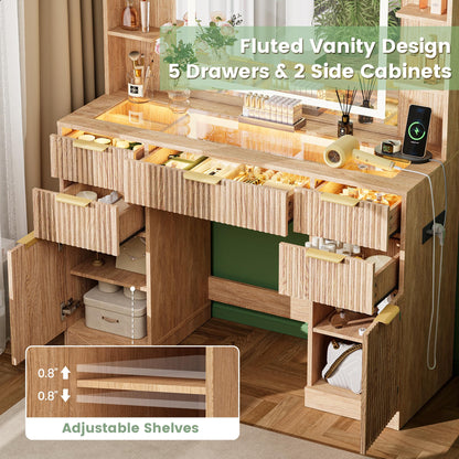 Fkhouse Fluted Vanity Desk with 30.2" Mirror and Lights, Glass Top Makeup Vanity with Desktop Light Strips, 5 Drawers, 2 Cabinet & 6 Open Shelves, Power Outlet, Lighting Adjustable,Natural