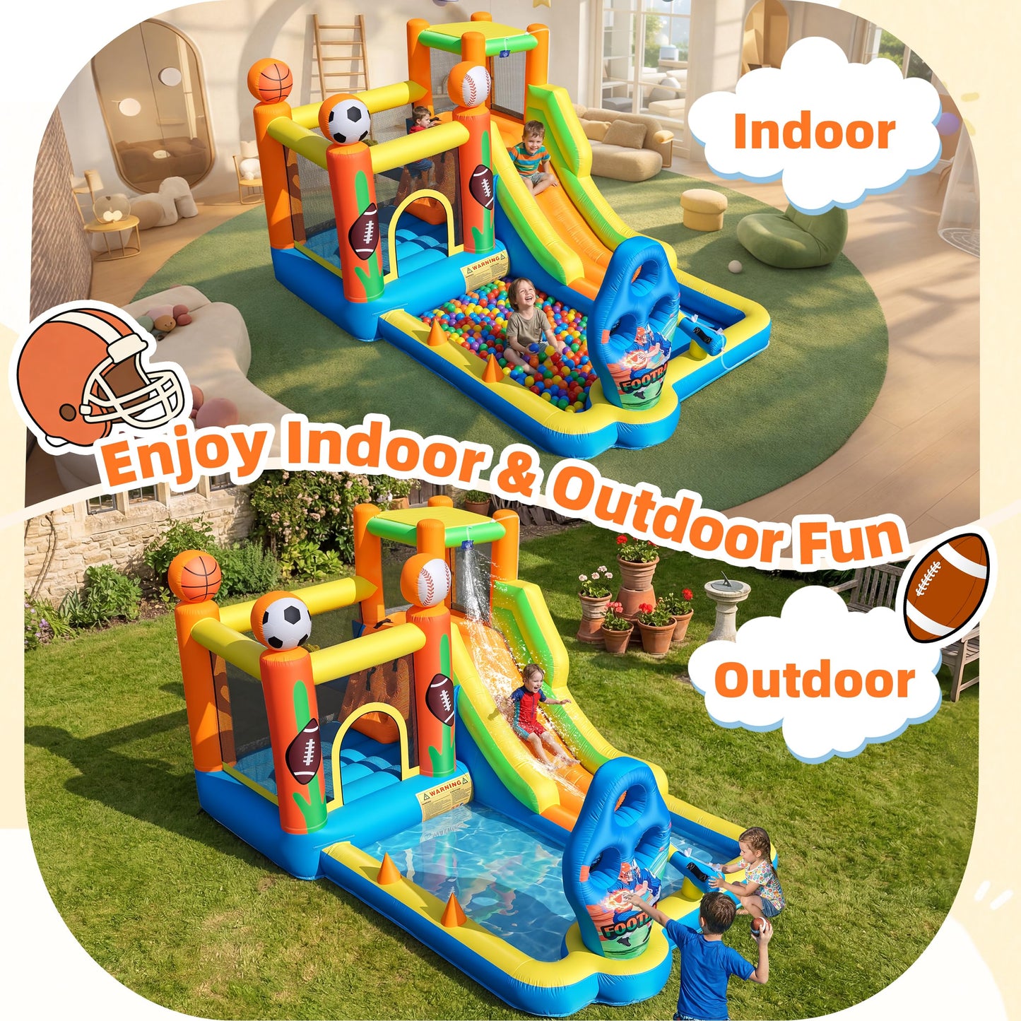TOAOB Inflatable Water Slide for Kids 3-12: Blow Up Bounce House Backyard Water Park with 480W Blower- 9 in 1 Football-Themed for Outdoor Birthday Party