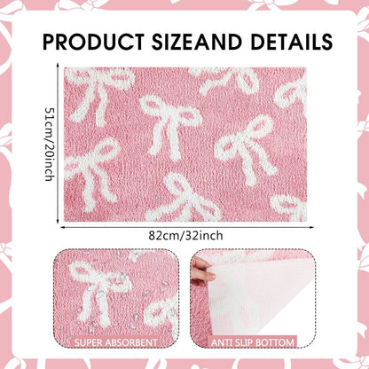 Tinideya Pink Bow Bathroom Rug 20 x 32 Inch Coquette Cute Bath Mat for Bathroom Non Slip Absorbent Bow Bath Mat for College Dorm Vanity Shower Bedroom Kitchen Bedroom Decor Valentine's Day Gifts