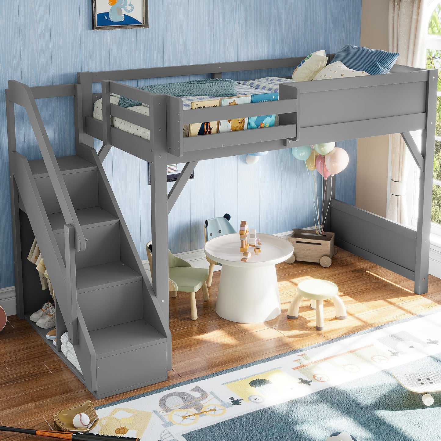 DNYN Loft Bed Frame with Built-in Wardrobe and Bedside Shelf for Teens/Adults Bedroom, Space-Saving Twin Size Bed Frame with Staircase and Guardrails, No Box Spring Needed