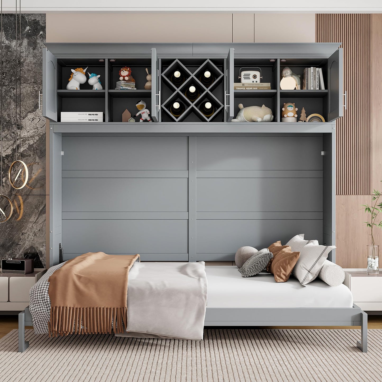 Merax Queen Size Murphy Bed, Foldable Wall Bed with Storage Cabinet, Dual Piston Metal Mechanism & Wooden Slats, No Box Spring Needed, Space-Saving for Small Apartment, Studio, Guest Room, Gray