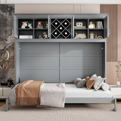 Merax Queen Size Murphy Bed, Foldable Wall Bed with Storage Cabinet, Dual Piston Metal Mechanism & Wooden Slats, No Box Spring Needed, Space-Saving for Small Apartment, Studio, Guest Room, Gray