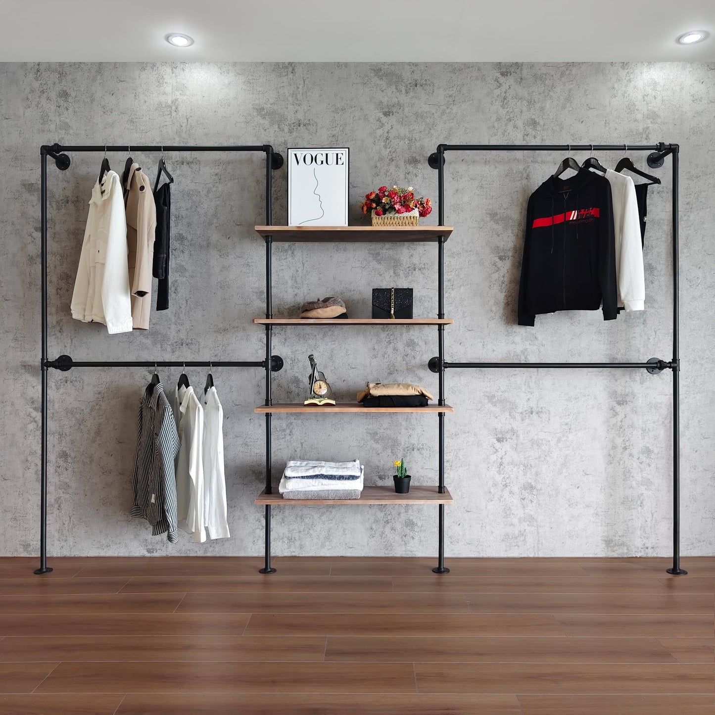 Anynice Industrial Pipe Clothing Rack Wall Mounted, DIY Custom Closet System with Shelves, Heavy Duty Garment Hanging Rack for Walk in Closet, Laundry Room, Retail Display, 14.6x122.8x82.7 in, Y05