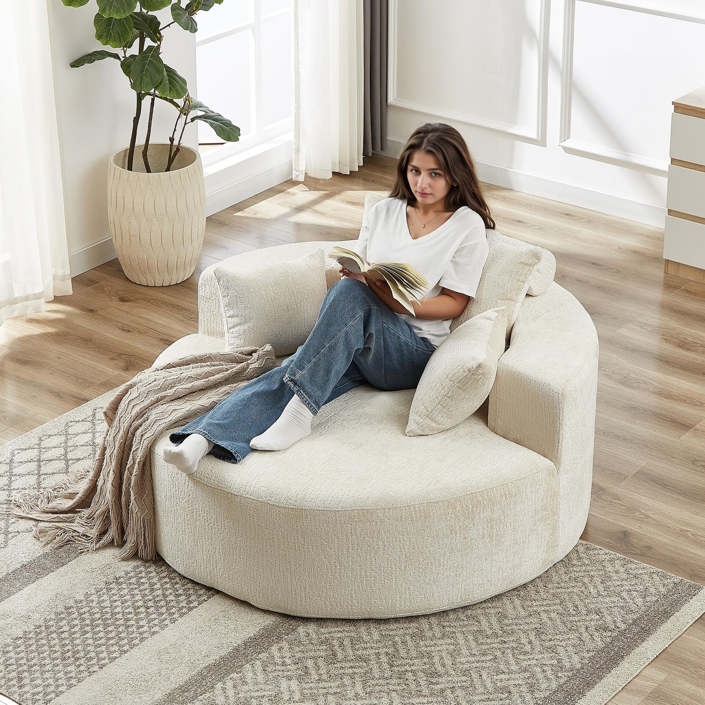 KEIKI 55" Chenille Accent Chair, Sponge Barrel Chairs Upholstered Round Sofa, Single Couch Armchair for Living Room, Beige