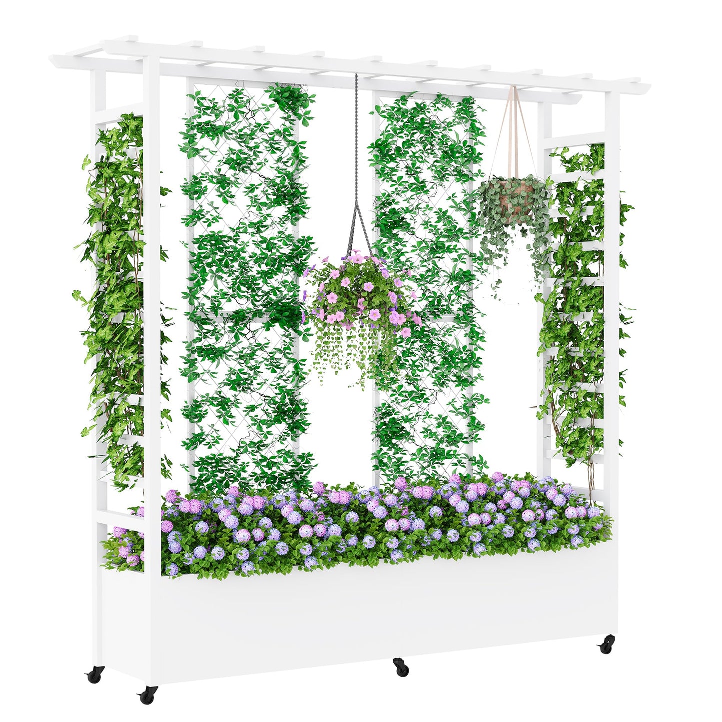 Sunnibety Raised Garden Bed with Trellis & Hanging Roof, Weatherproof Metal Planter Box with Wheels, Garden Arch Trellis for Outdoor Climbing Plants Vines Flowers, 74" H x 77" L x 17" W, White