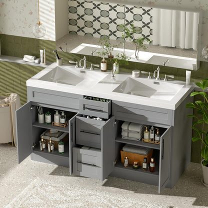 Merax Modern 59.3'' Large Bathroom Vanity with Double Sink Combo, Wood Bathroom Storage Cabinet with Soft Close Door & 3 Drawers, Vanities Set, Space Saving, Gray