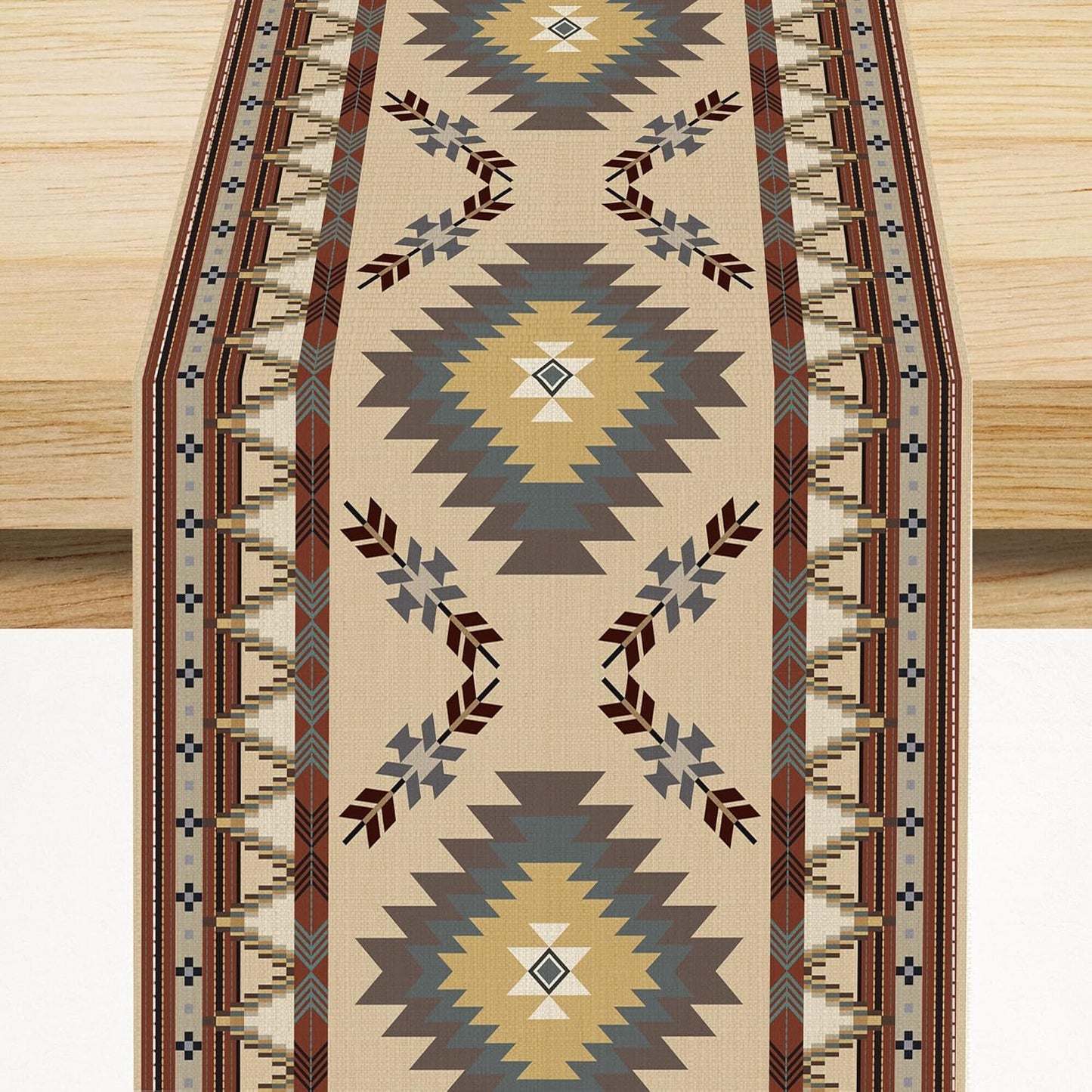 BATPLY Seamless 13x36in x1 Ethnic Aztec Linen Table Runner, Retro Boho Rustic Farmhouse Brown Red Native Tribal